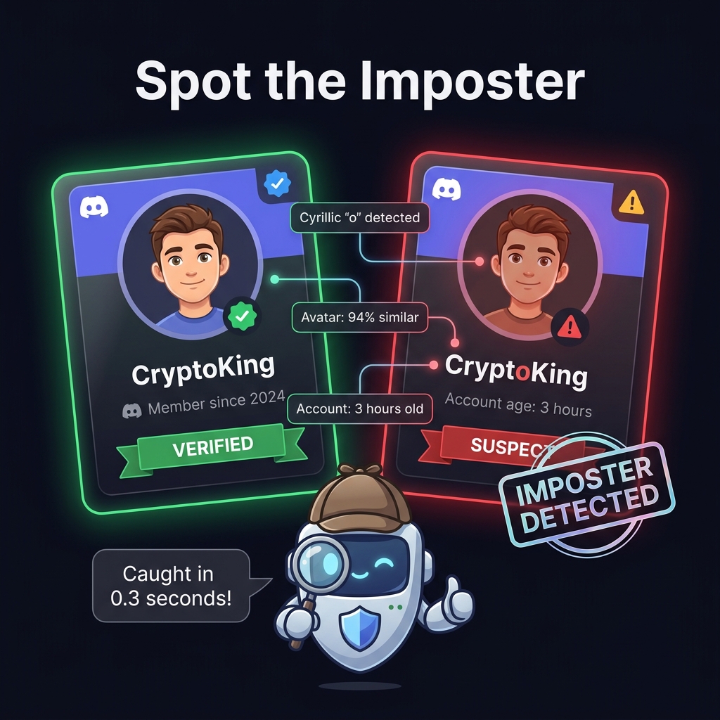 Spot the Imposter — real vs fake profile comparison showing how the bot detects impersonators